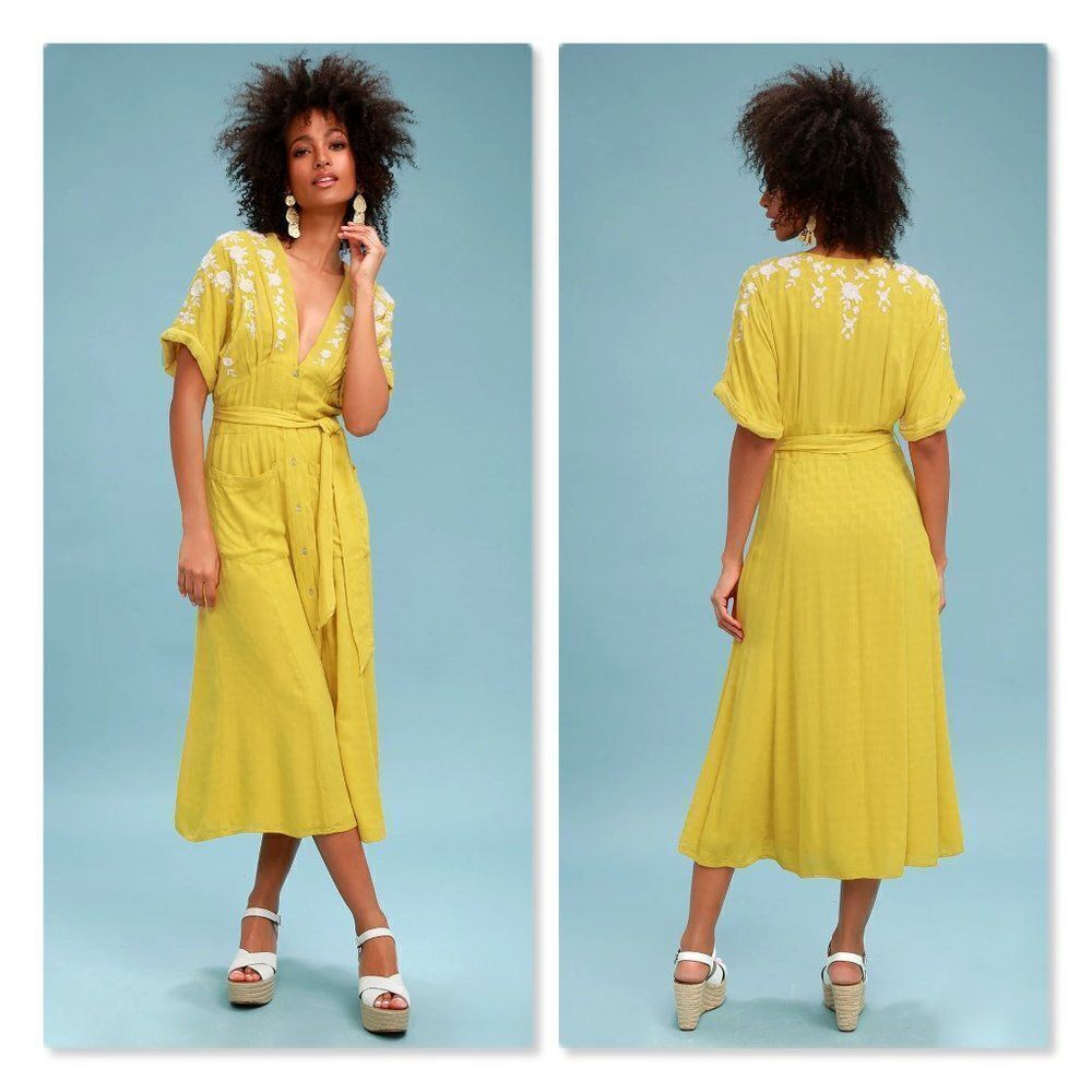 Free People Love to Love You Embroidered Button-Up Midi Dress size XS